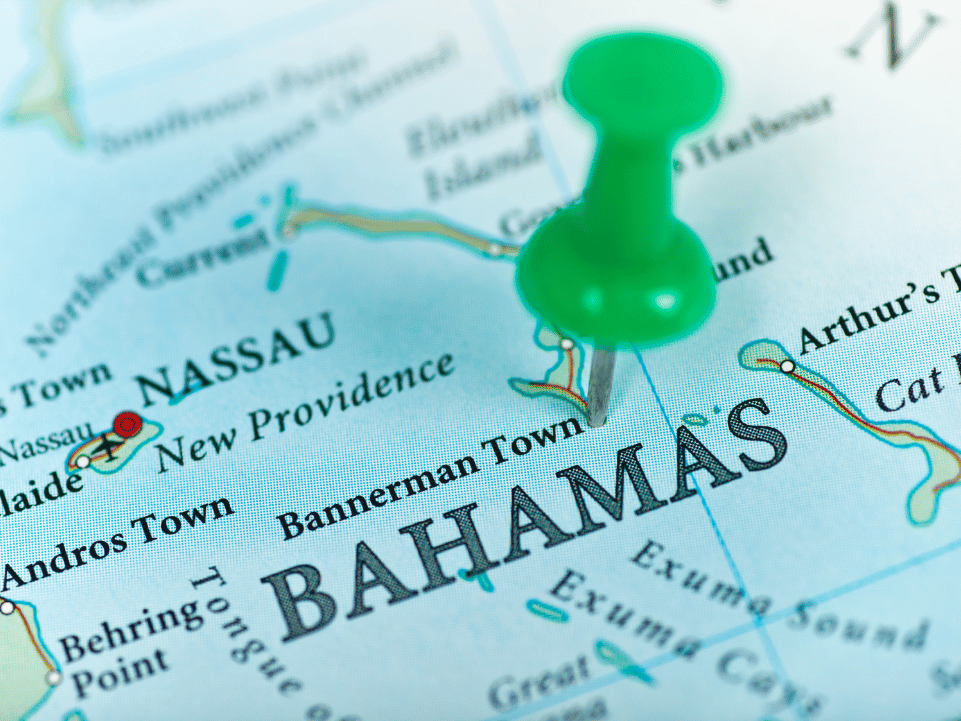 Map highlighting Bahamas and nearby locations with a green pin indicating swim with pigs in Bahamas